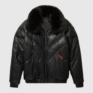 Shop Genuine Black Leather V-Bomber Jacket with Black Fox Fur Collar