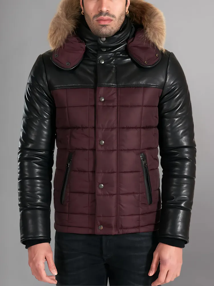 Sky Puffered Jacket hooded leather down Jacket and fabric