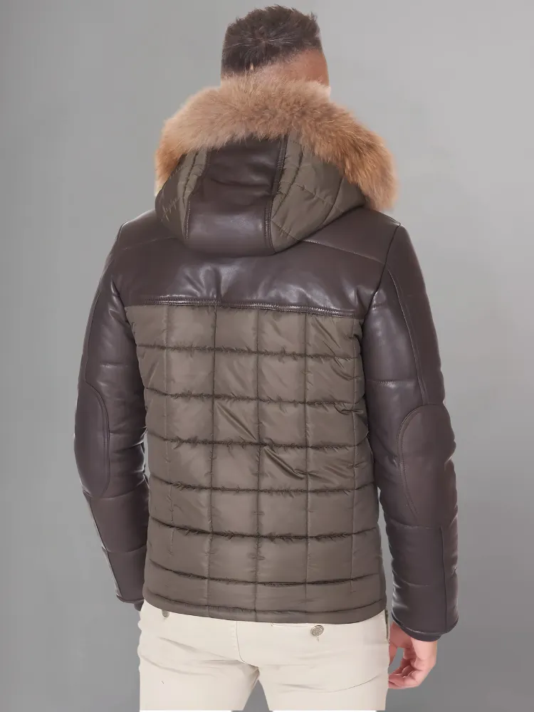 Sky Puffered Jacket hooded leather down Jacket and fabric