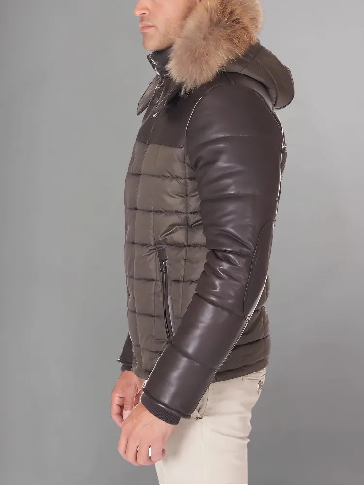 Sky Puffered Jacket hooded leather down Jacket and fabric