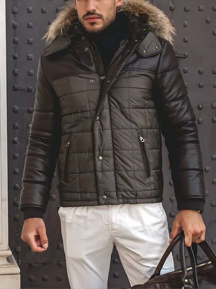 Sky Puffered Jacket hooded leather down Jacket and fabric