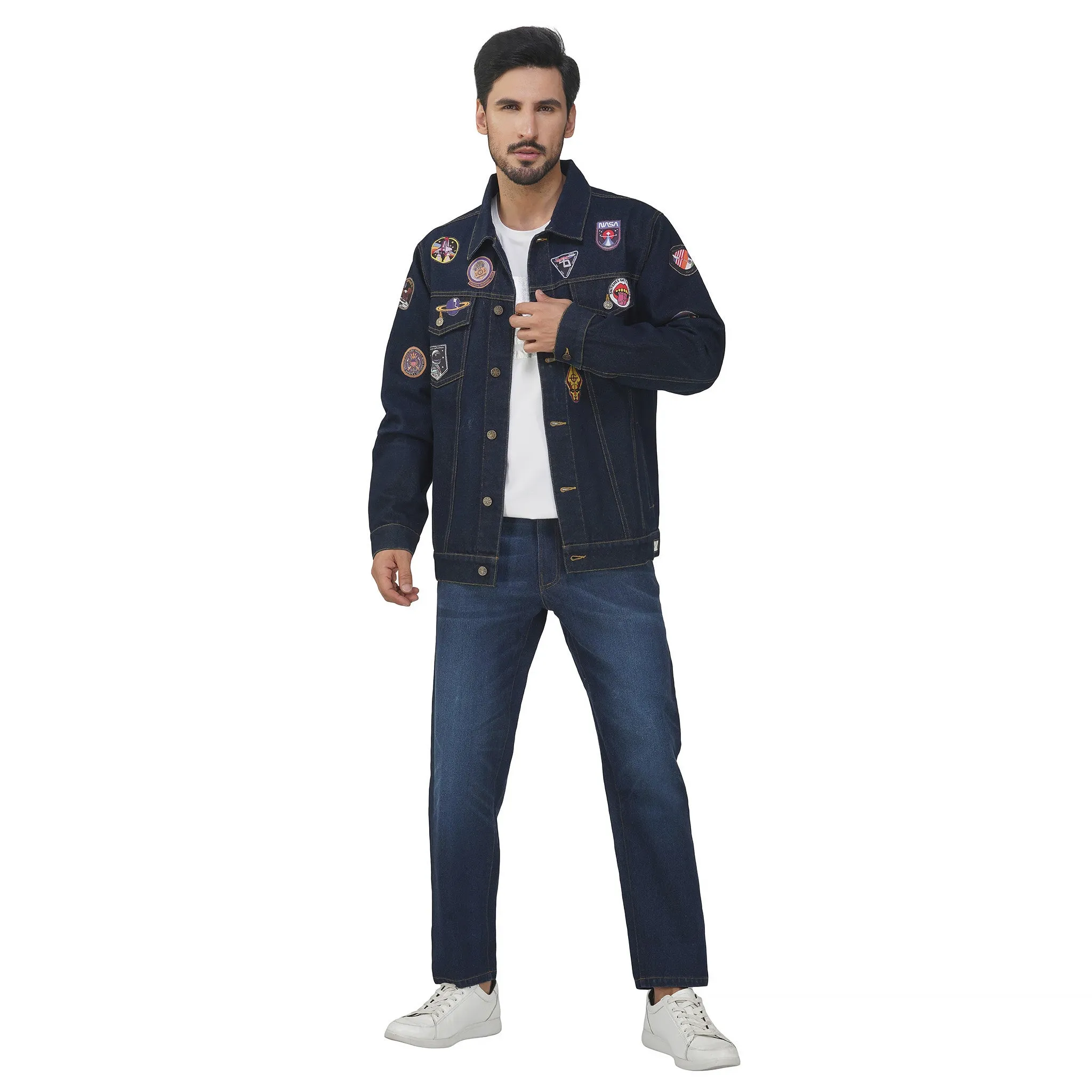 SLAY. Men's Patchwork Embroidered Navy Blue Vintage Button-Down Denim Biker Jacket & Jeans Co ord Set