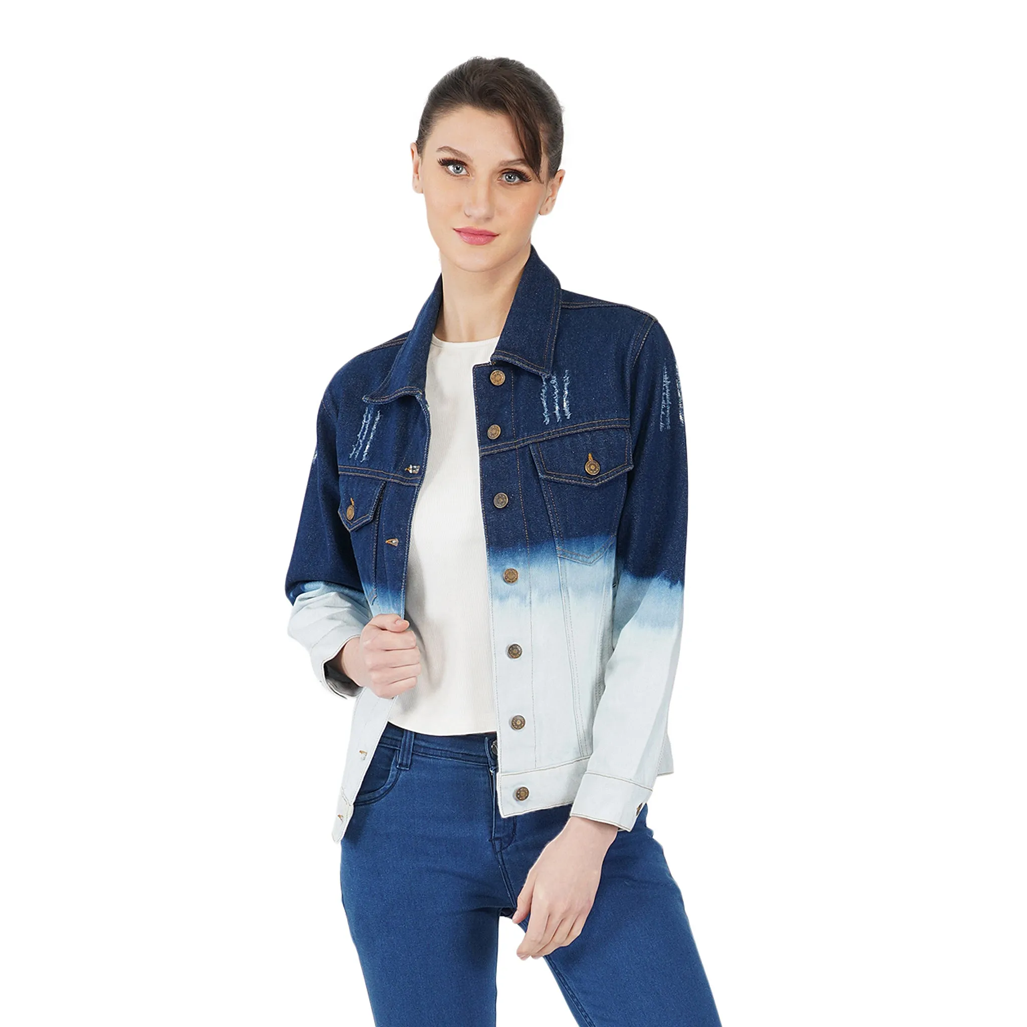 SLAY. Women's Embroidered Ombre Effect Ripped Denim Jacket