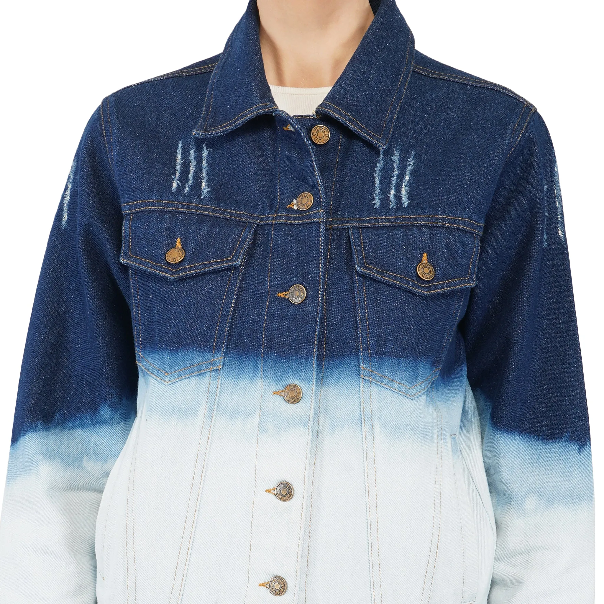 SLAY. Women's Embroidered Ombre Effect Ripped Denim Jacket