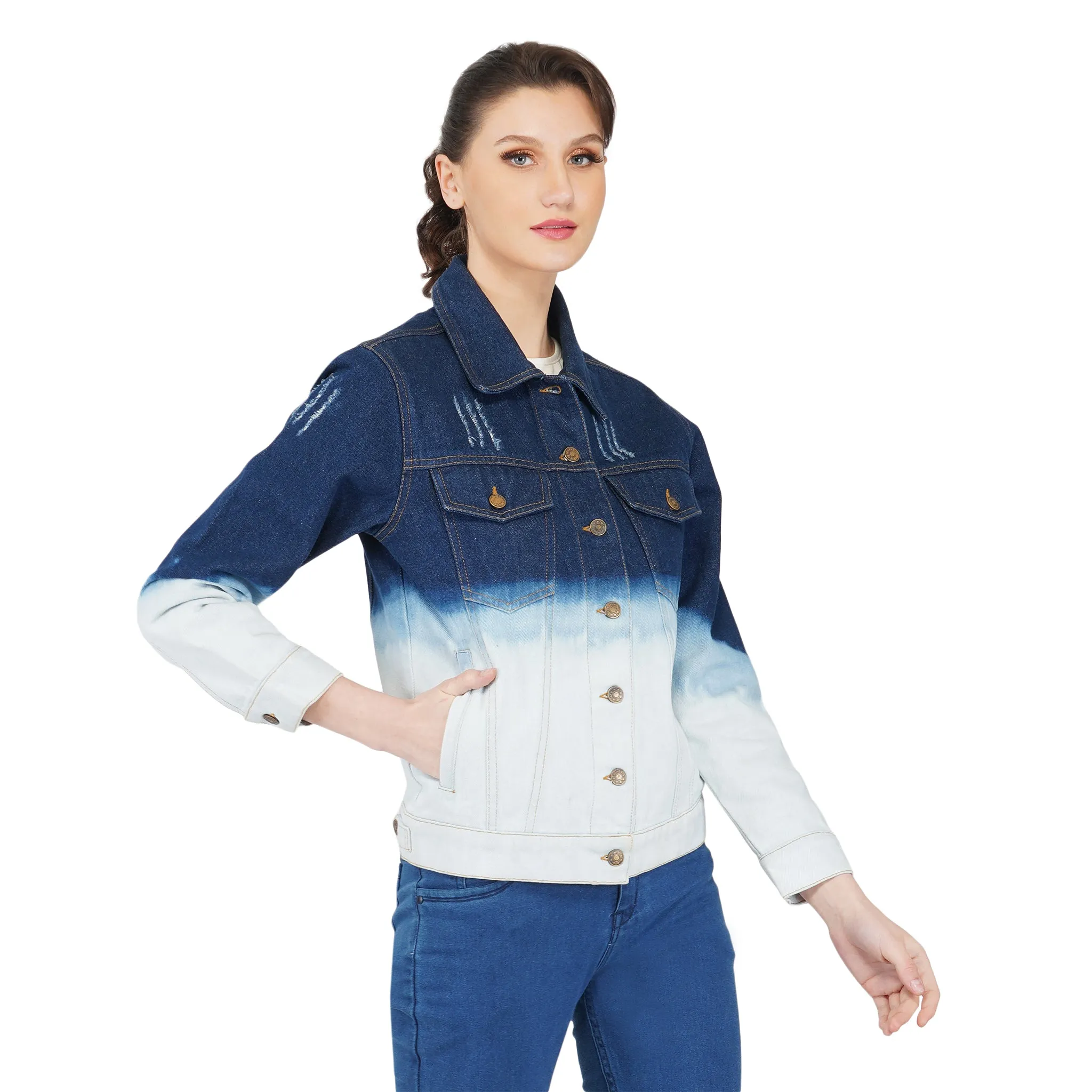 SLAY. Women's Embroidered Ombre Effect Ripped Denim Jacket