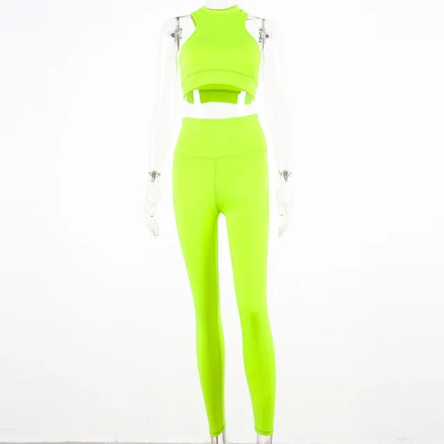 Sleeveless cami Yoga Gym elastic leggings two 2 piece neon crop top summer fashion stretchy casual set