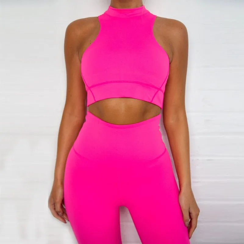 Sleeveless cami Yoga Gym elastic leggings two 2 piece neon crop top summer fashion stretchy casual set