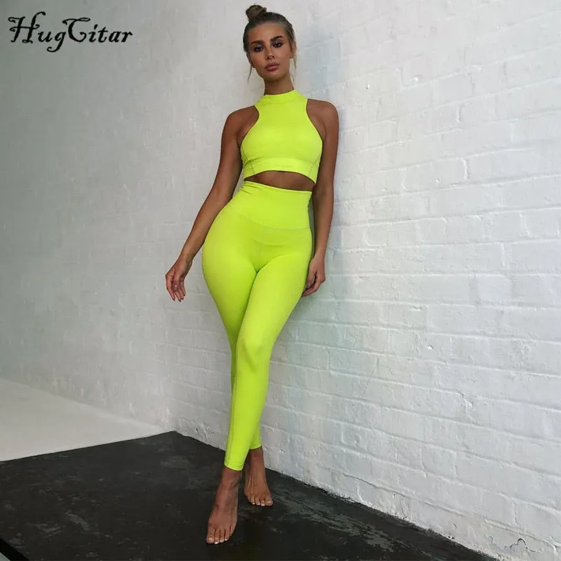 Sleeveless cami Yoga Gym elastic leggings two 2 piece neon crop top summer fashion stretchy casual set