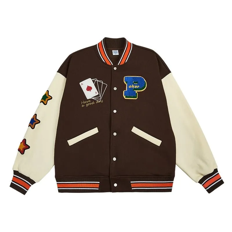 Streetwear Vintage Baseball Jacket with Towel Embroidery and Fleece