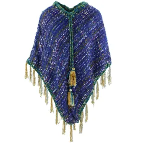 Stripe Crochet Poncho Long - Blue