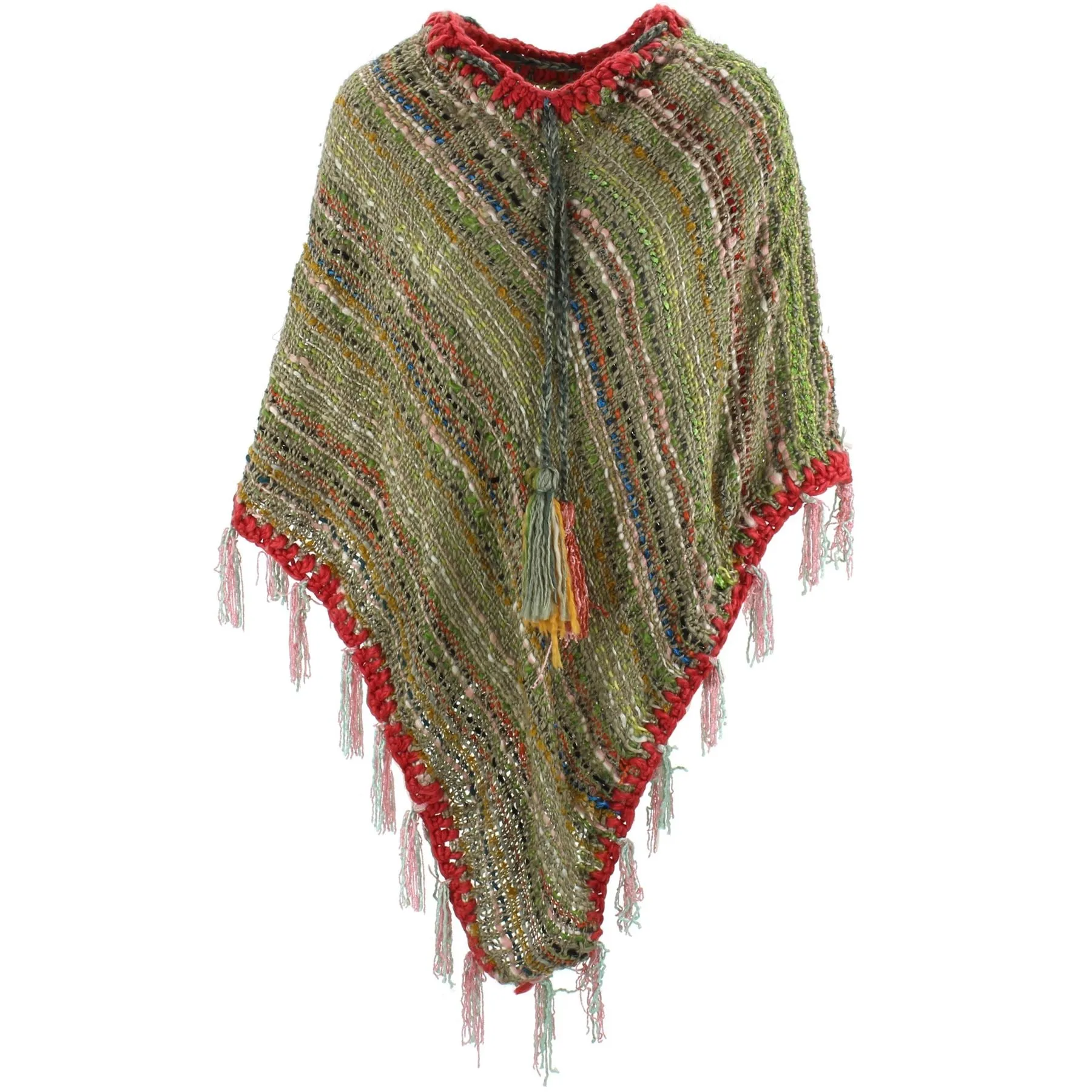 Stripe Crochet Poncho Long - Green