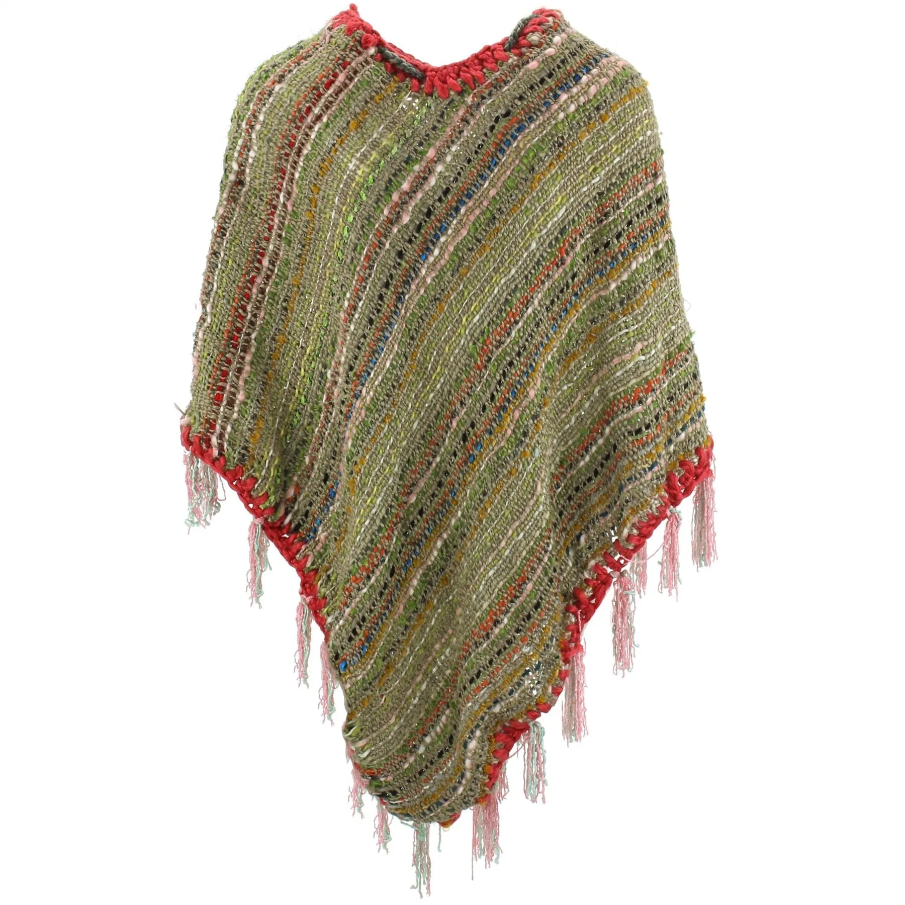 Stripe Crochet Poncho Long - Green