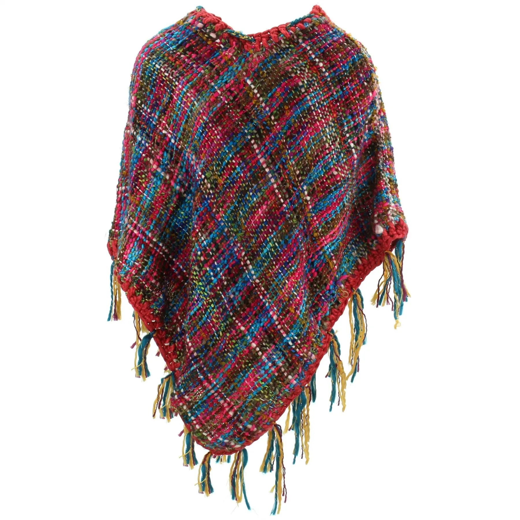 Stripe Crochet Poncho Long - Pink/Rainbow