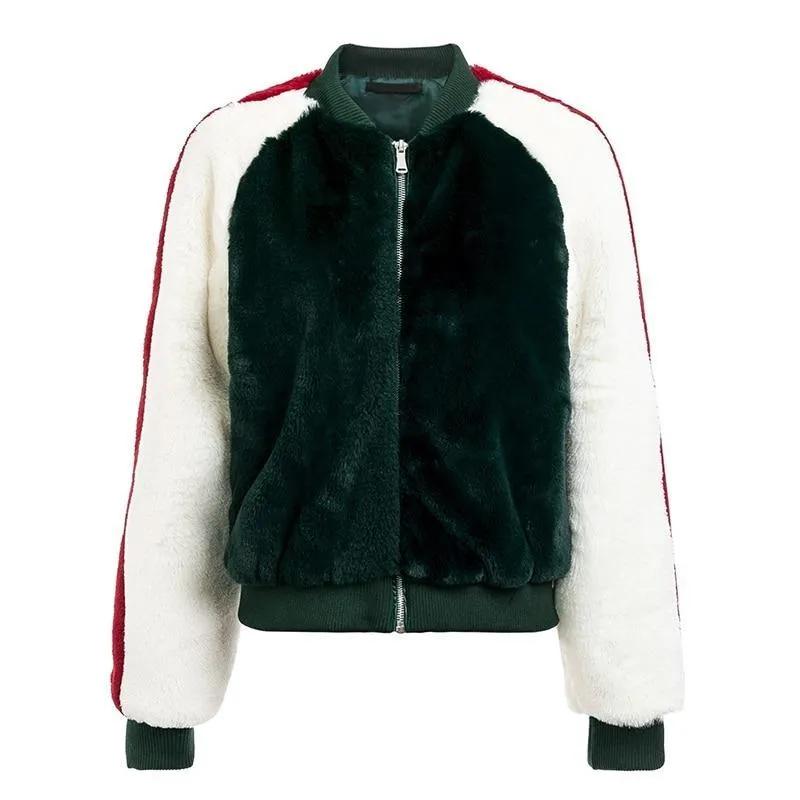 Striped Furry Faux Fur Bomber Jacket