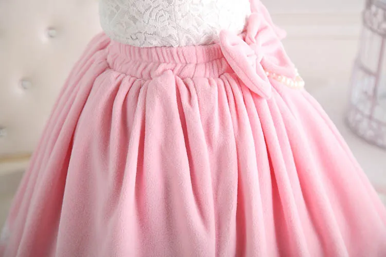 Sweet Pink Elastic Waist Pleated Lady's Lolita Skirt with Detachable Bow and Pearl Chain