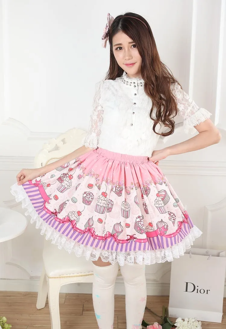 Sweet Pink Macarons and Cake Printed Lolita Lace Short Skirt for Girl