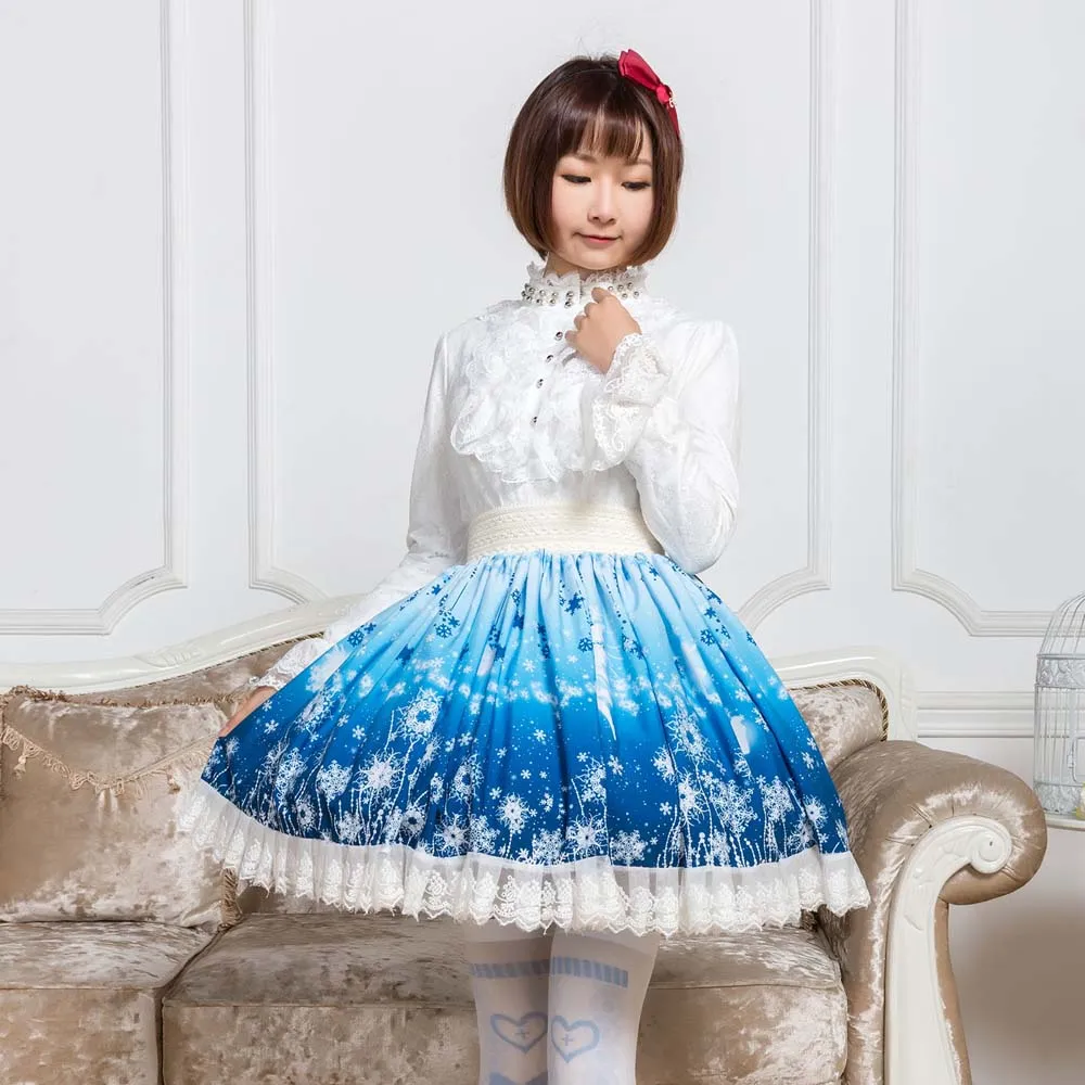 Sweet Snowflake and Flower Printed Short Skirt for Summer Cute Mori Girl Skirt