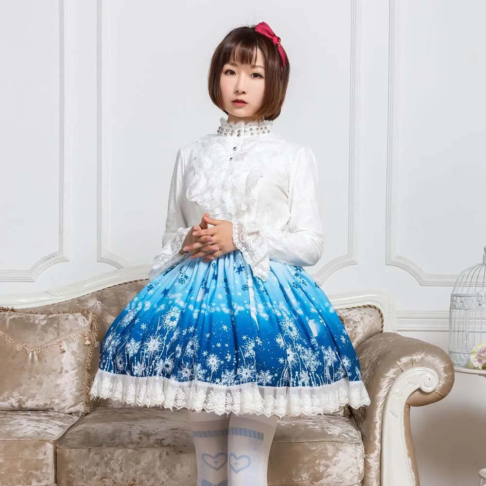 Sweet Snowflake and Flower Printed Short Skirt for Summer Cute Mori Girl Skirt