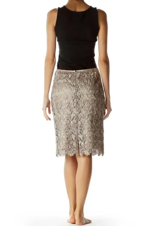 Tahari Luxe Gold Lace Scalloped Pencil Skirt, Size 6