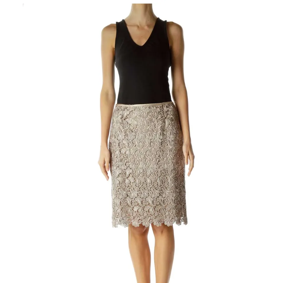 Tahari Luxe Gold Lace Scalloped Pencil Skirt, Size 6