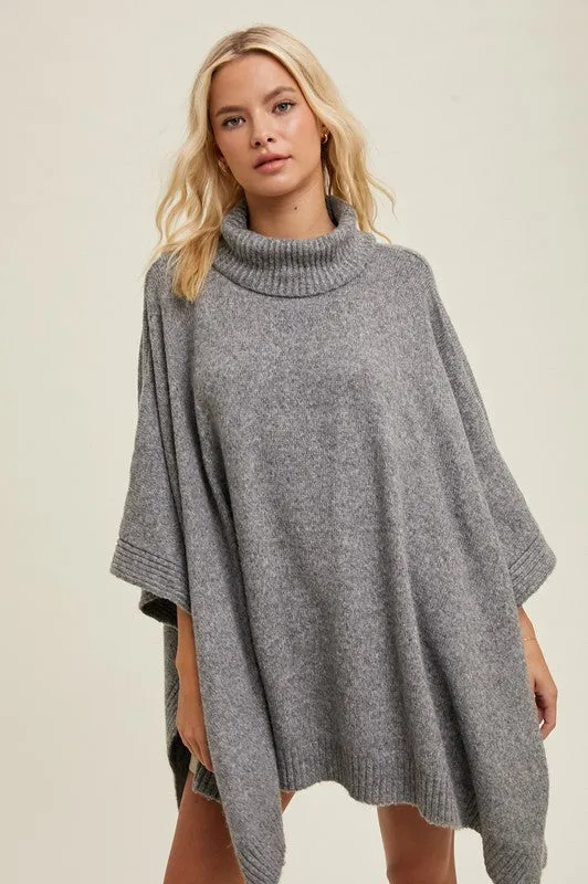 Talk to Me Brushed Sweater Poncho Grey