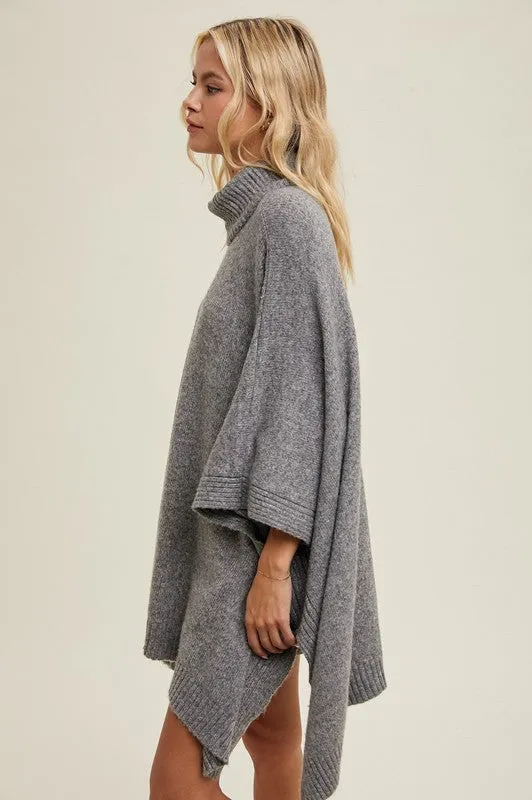 Talk to Me Brushed Sweater Poncho Grey