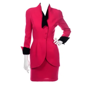 Thierry Mugler Vintage Strawberry Red Skirt & Jacket Suit w Black Trim