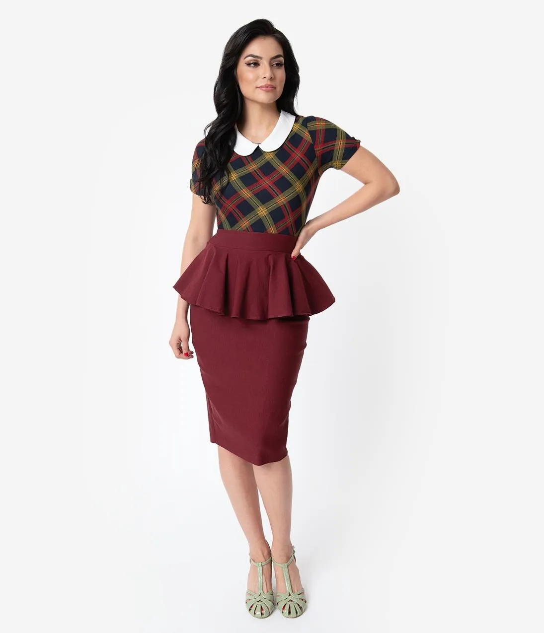 Unique Vintage 1940s Burgundy Stretch Peplum Boulevard Pencil Skirt