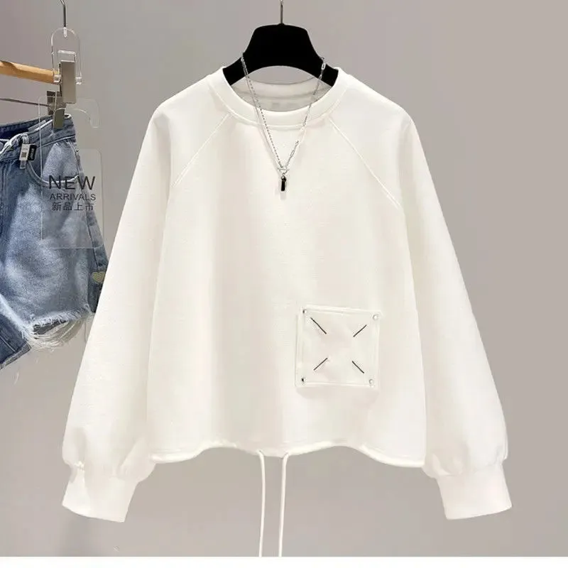 Uniwim Pocket Hoodie Solid Casual Sweatshirts Long Sleeve Top White Hoodie Pullover Hoodies Plus Size Black Tops Streetwear Women Short