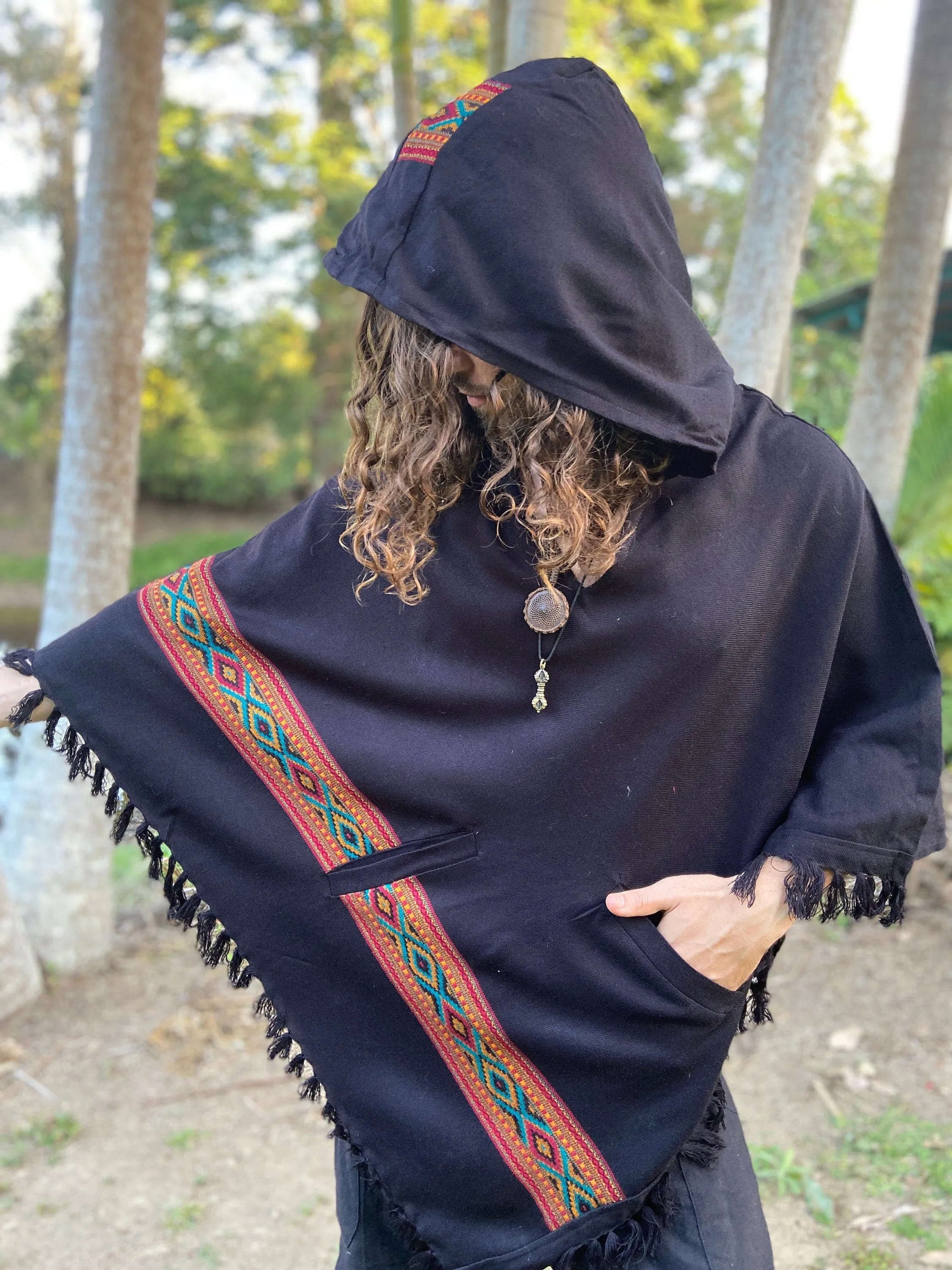 UPEKKHA Hooded Poncho with Hood Black Handwoven Pockets Cashmere and Acrylic Wool Tibetan Winter Zen Embroidery Primitive Mexican AJJAYA