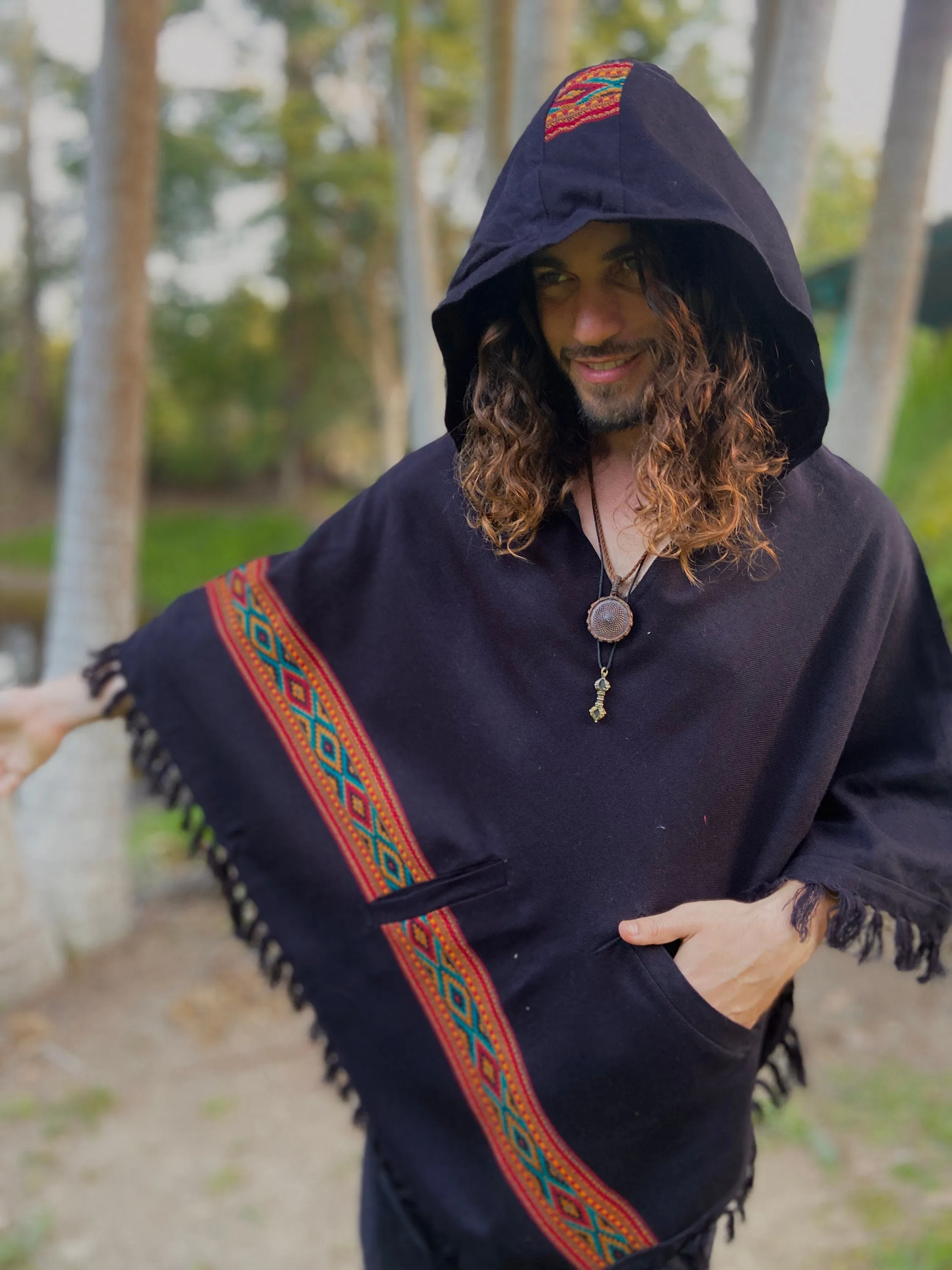 UPEKKHA Hooded Poncho with Hood Black Handwoven Pockets Cashmere and Acrylic Wool Tibetan Winter Zen Embroidery Primitive Mexican AJJAYA