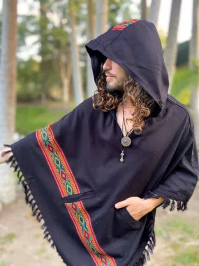 UPEKKHA Hooded Poncho with Hood Black Handwoven Pockets Cashmere and Acrylic Wool Tibetan Winter Zen Embroidery Primitive Mexican AJJAYA