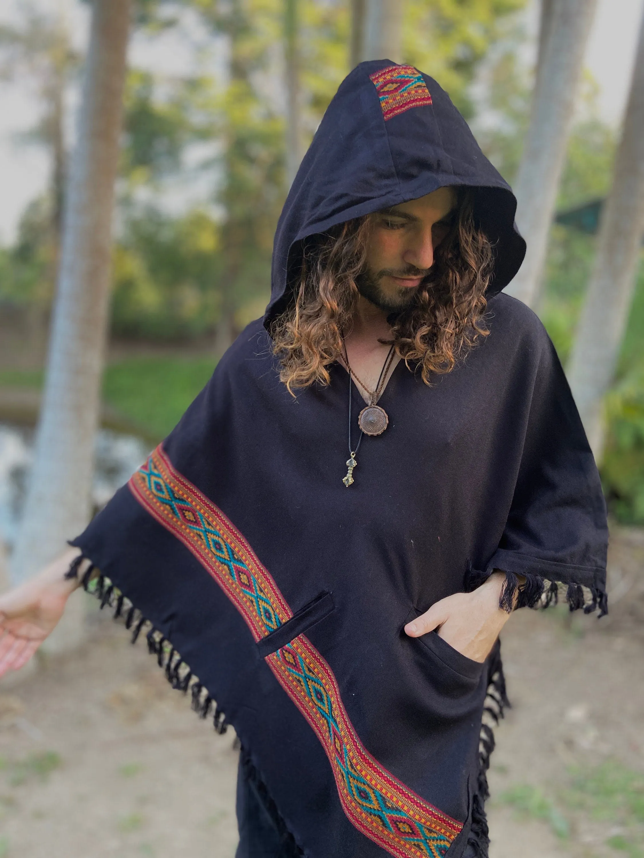 UPEKKHA Hooded Poncho with Hood Black Handwoven Pockets Cashmere and Acrylic Wool Tibetan Winter Zen Embroidery Primitive Mexican AJJAYA