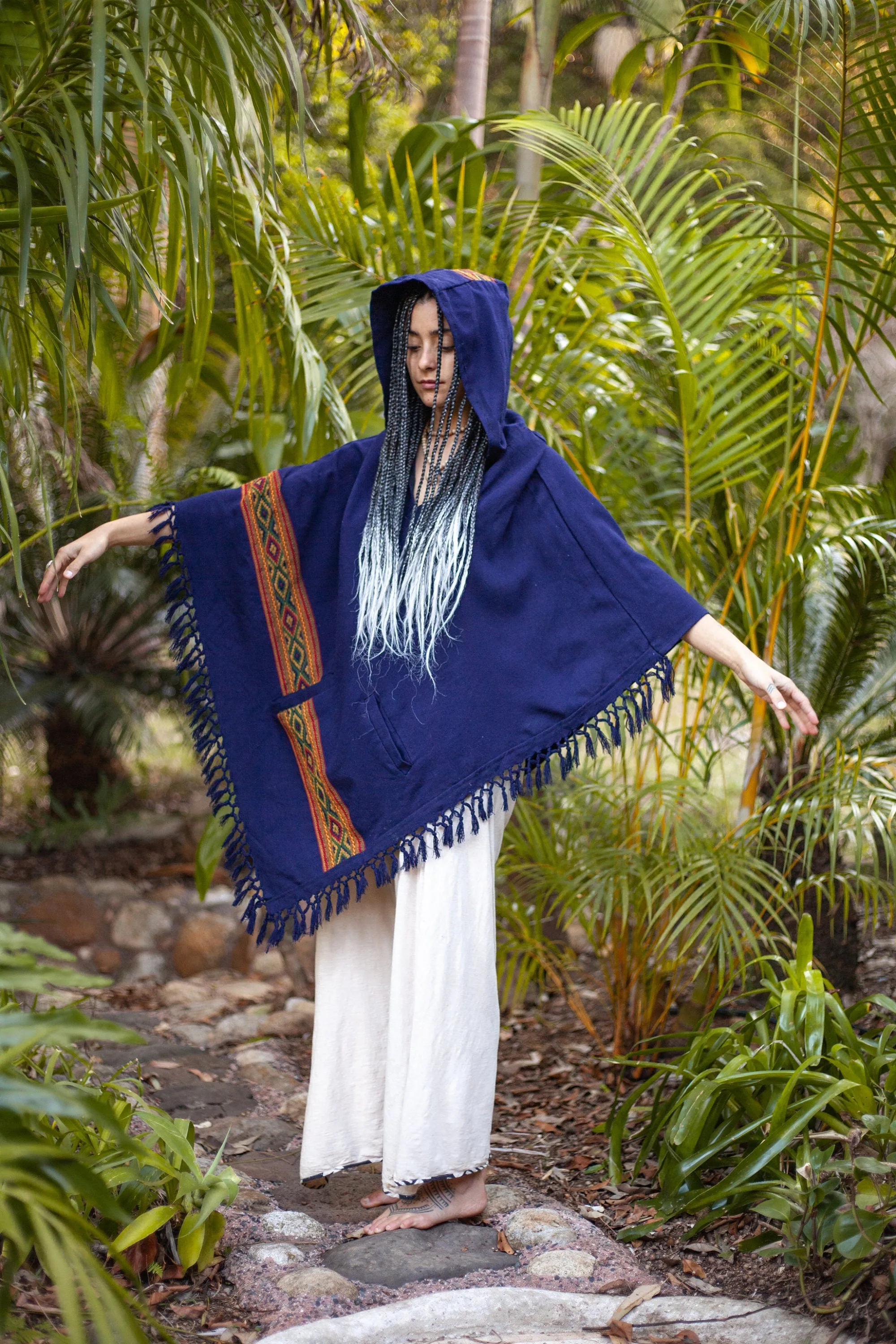 UPEKKHA Womens Poncho Indigo Purple Hooded Cashmere and Acrylic Wool Tribal Embroidery Large Hood Pockets Hippie Primitive Boho AJJAYA