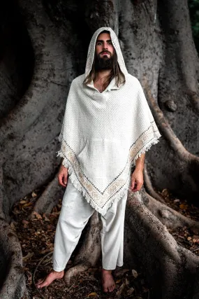 VECHO Beige Mens Hooded Vegan Poncho Textured Cotton with Hood Block Printed Tribal Pattern Gypsy Festival Boho ceremony ritual AJJAYA