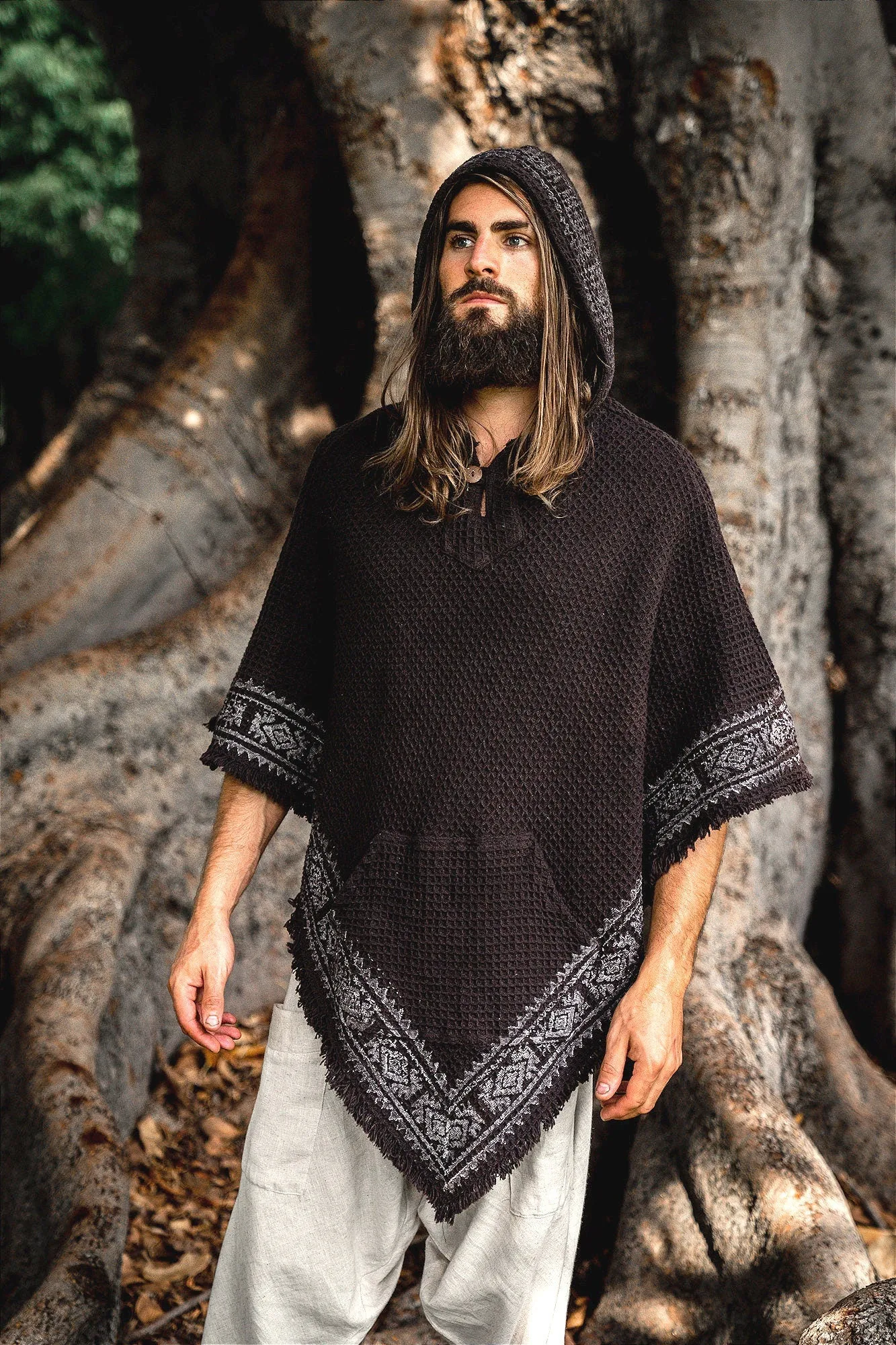 VECHO Beige Mens Hooded Vegan Poncho Textured Cotton with Hood Block Printed Tribal Pattern Gypsy Festival Boho ceremony ritual AJJAYA