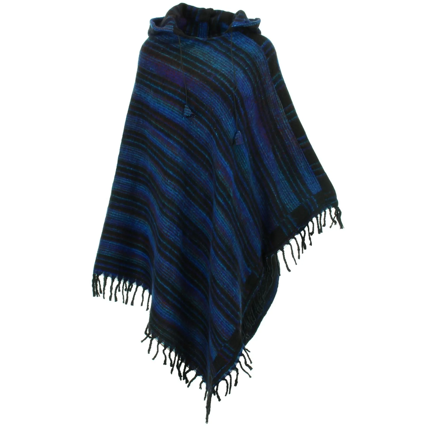 Vegan Wool Hooded Poncho - Blues