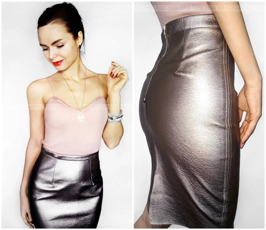 VenusFox High Waist Sexy Faux Fur Bodycon Leather Midi Skirts