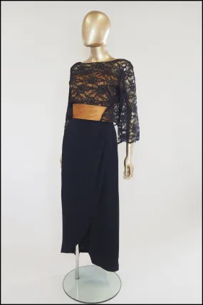 Vintage 1980s Black Gold Crepe Maxi Dress