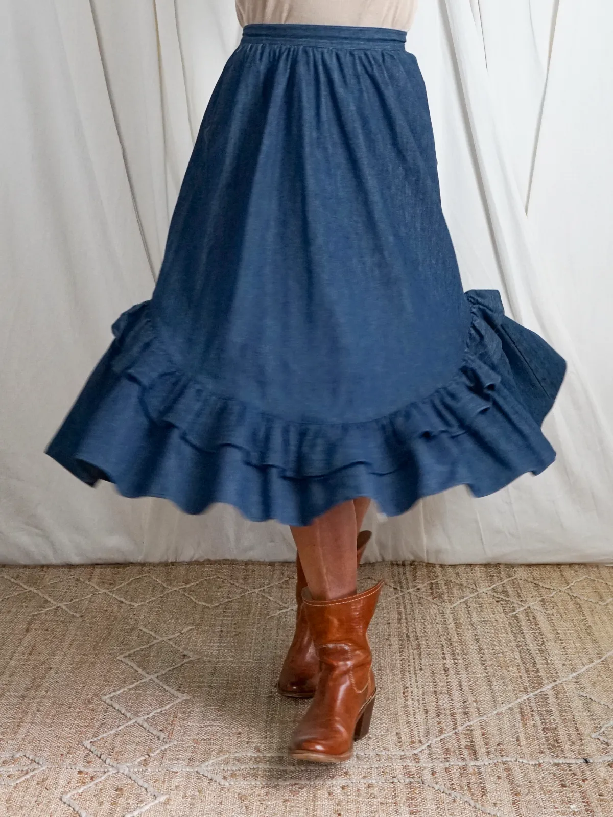 Vintage Denim Ruffle Peasant Skirt