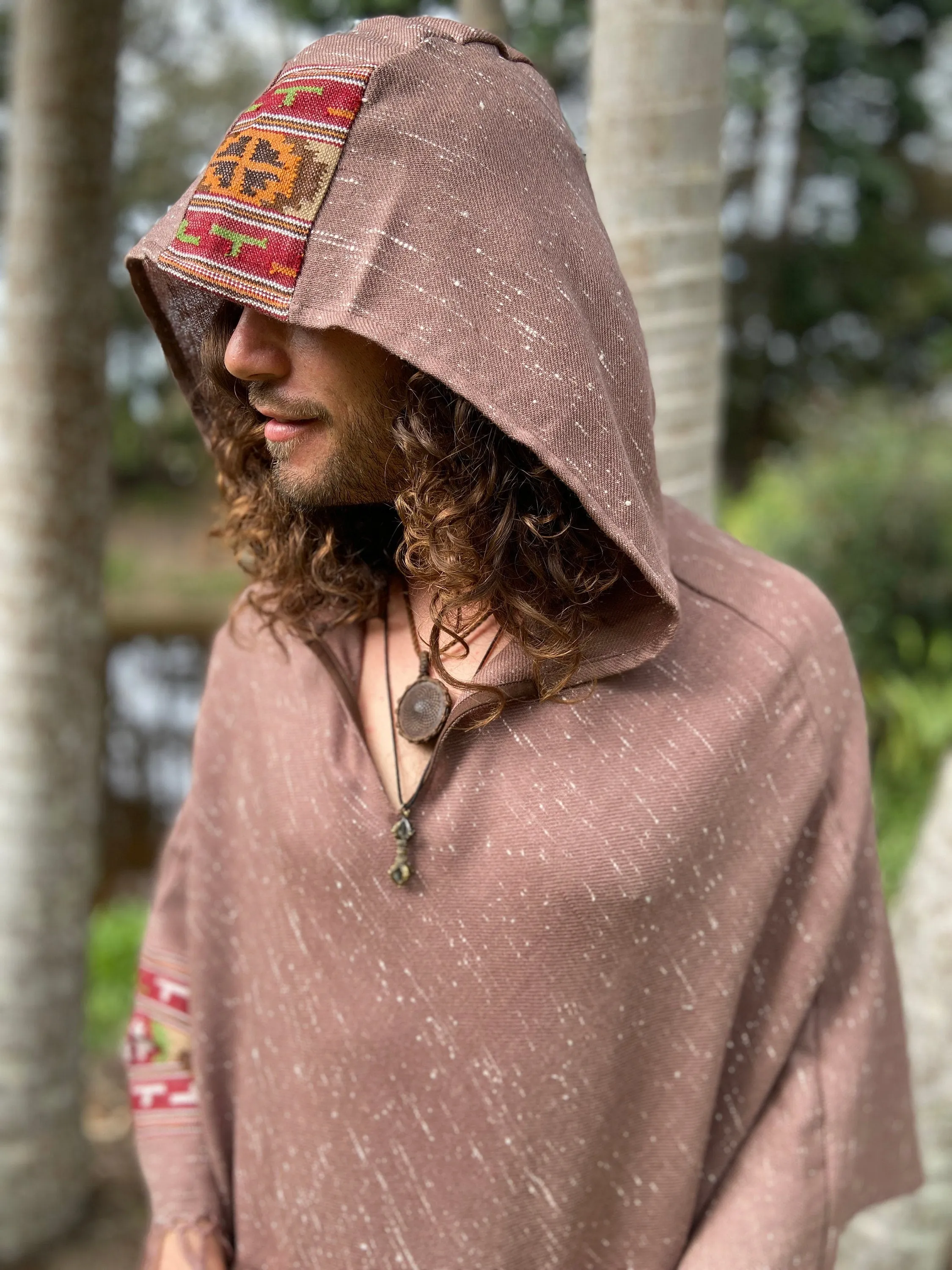 VIRIYA Hooded Poncho Salomon Pink Handwoven Wool Premium Pure Cashmere Hood Zen Embroidery Boho Gypsy Festival Mexican Aztec Celtic AJJAYA