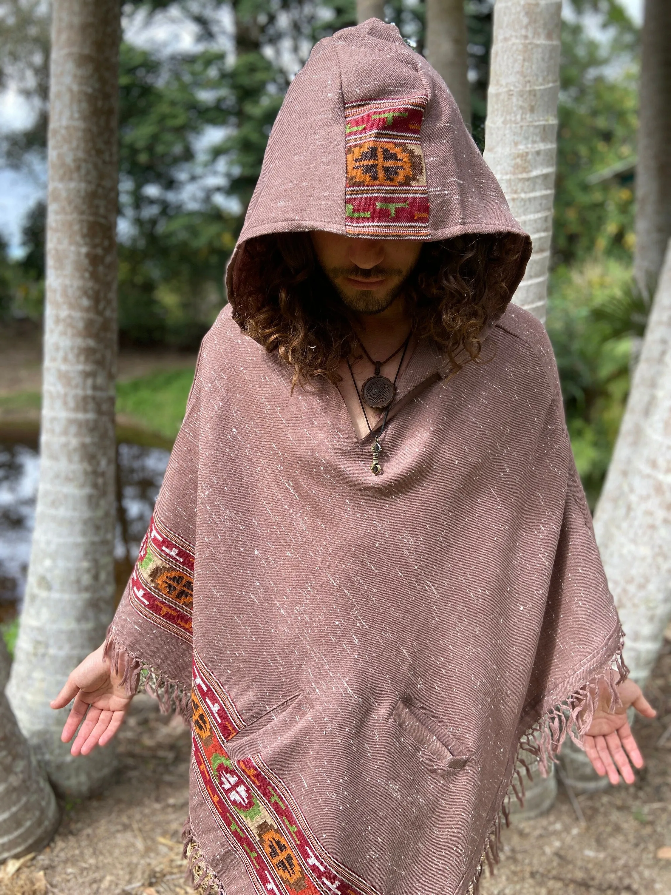 VIRIYA Hooded Poncho Salomon Pink Handwoven Wool Premium Pure Cashmere Hood Zen Embroidery Boho Gypsy Festival Mexican Aztec Celtic AJJAYA