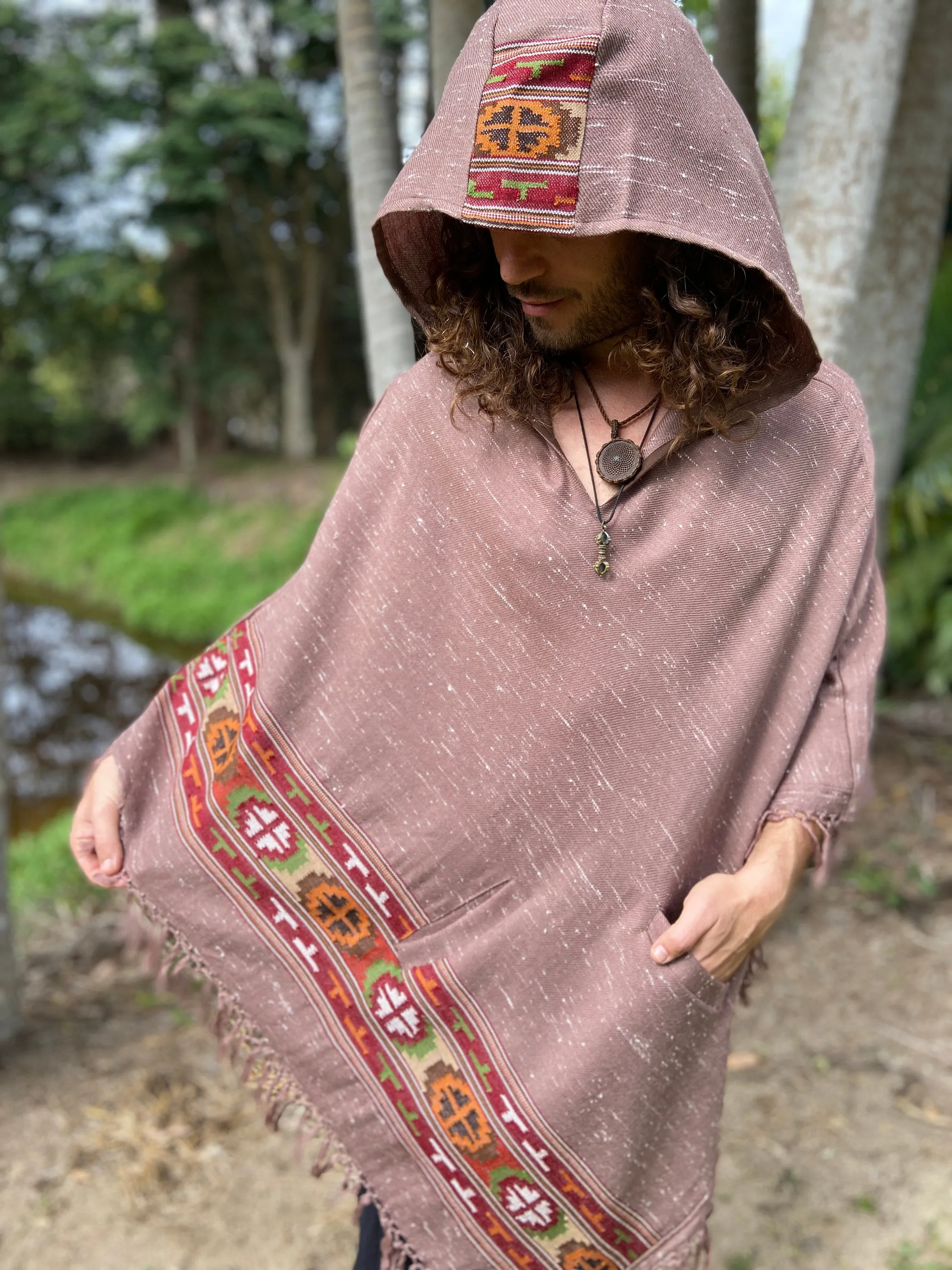 VIRIYA Hooded Poncho Salomon Pink Handwoven Wool Premium Pure Cashmere Hood Zen Embroidery Boho Gypsy Festival Mexican Aztec Celtic AJJAYA