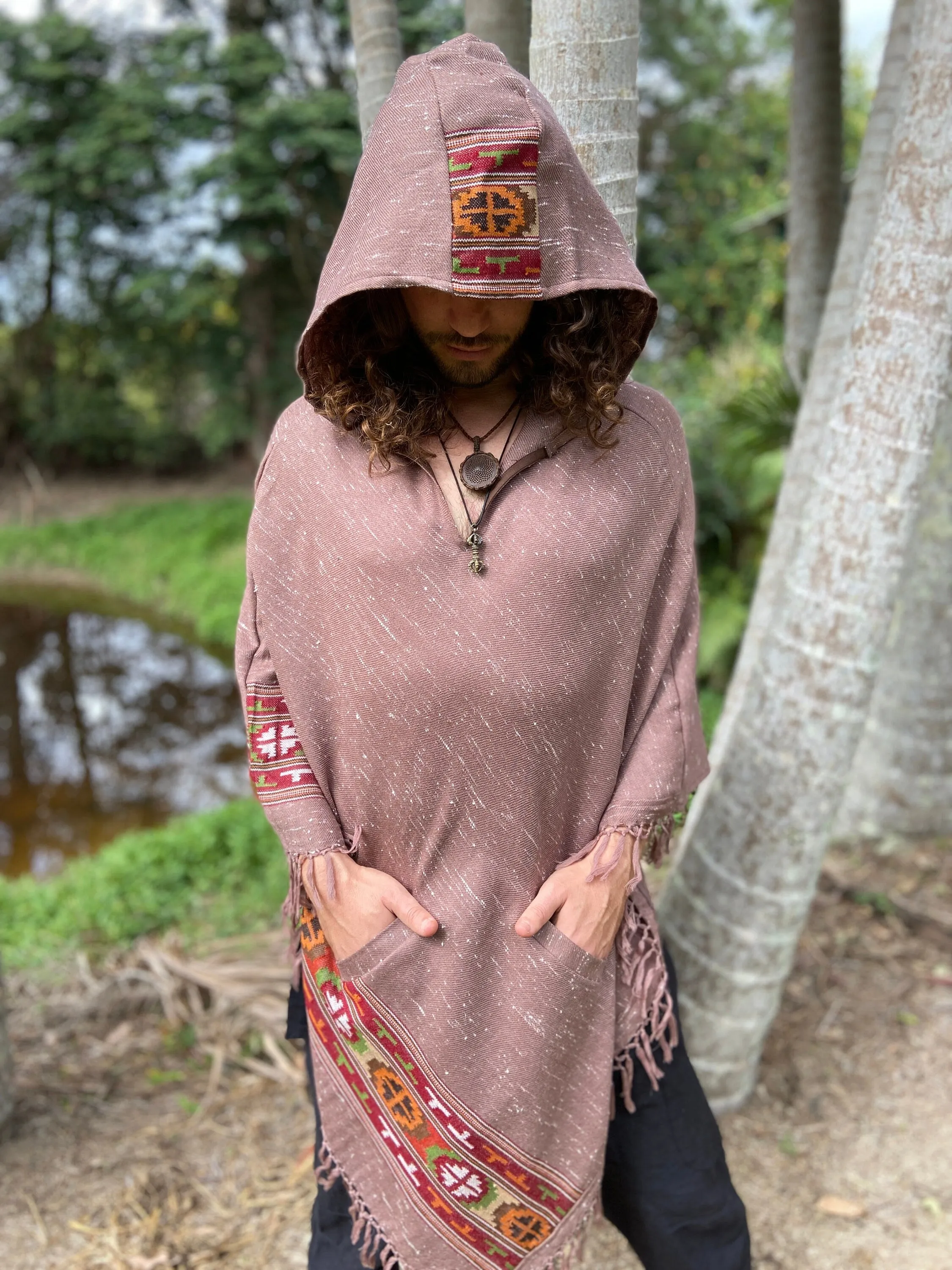 VIRIYA Hooded Poncho Salomon Pink Handwoven Wool Premium Pure Cashmere Hood Zen Embroidery Boho Gypsy Festival Mexican Aztec Celtic AJJAYA