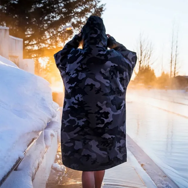 Warm Waterproof Swim Parka Oversized Hooded Robe Sherpa Liner Swimming Coat Dry Robe Surf One Size Poncho