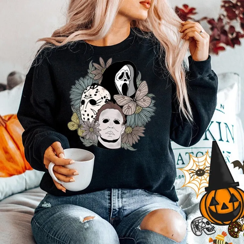 Wenkouban Halloween Costume Horror Movie Scary Hooded Halloween Women Sweatshirt Crewneck Pullover Halloween Party Ghost Boo Skull Flower Hoodies Oversized