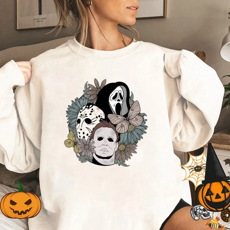 Wenkouban Halloween Costume Horror Movie Scary Hooded Halloween Women Sweatshirt Crewneck Pullover Halloween Party Ghost Boo Skull Flower Hoodies Oversized