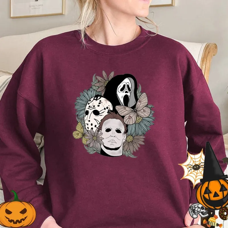 Wenkouban Halloween Costume Horror Movie Scary Hooded Halloween Women Sweatshirt Crewneck Pullover Halloween Party Ghost Boo Skull Flower Hoodies Oversized