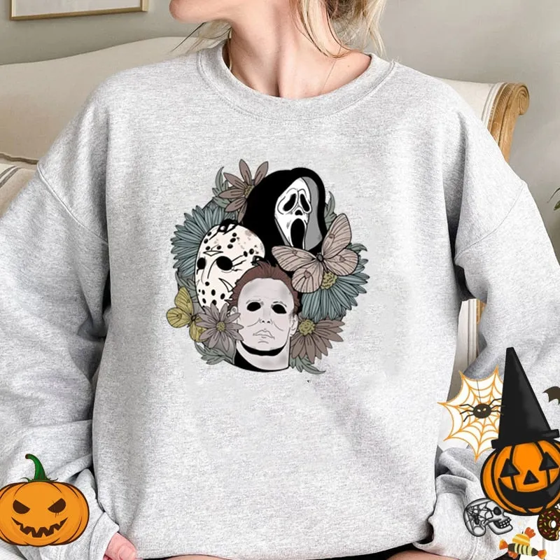 Wenkouban Halloween Costume Horror Movie Scary Hooded Halloween Women Sweatshirt Crewneck Pullover Halloween Party Ghost Boo Skull Flower Hoodies Oversized