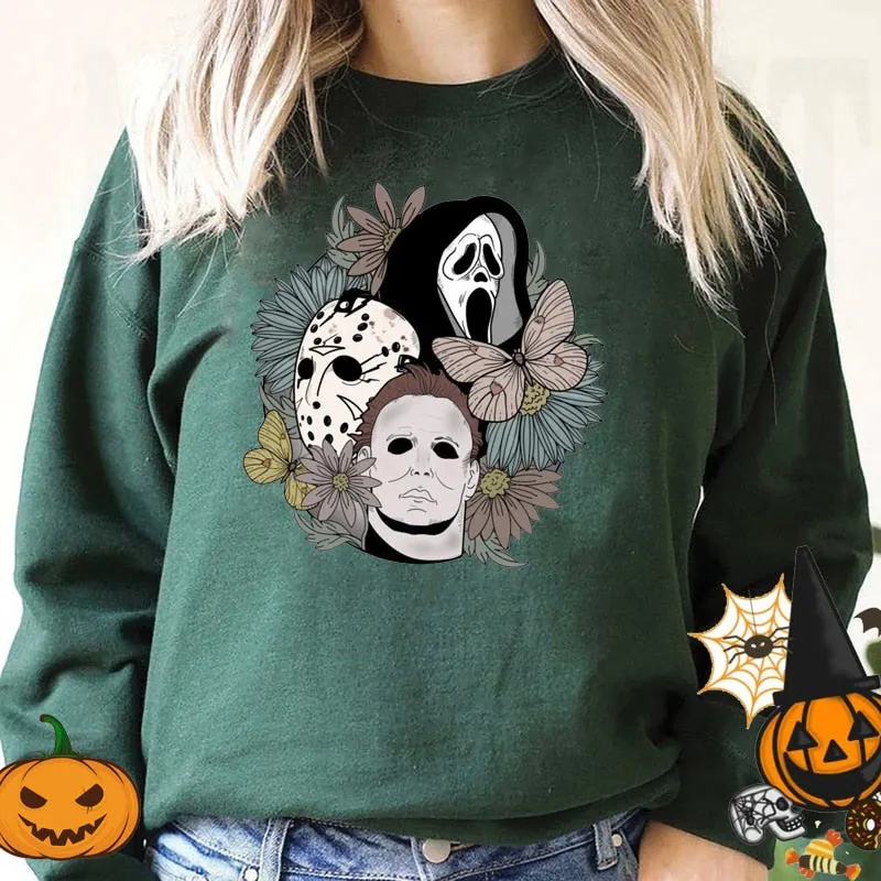 Wenkouban Halloween Costume Horror Movie Scary Hooded Halloween Women Sweatshirt Crewneck Pullover Halloween Party Ghost Boo Skull Flower Hoodies Oversized